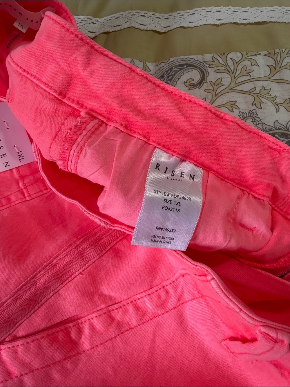 NWT Risen Jeans 1XL HOT Neon Coral Wide Leg Crop Pants High Rise Plus Size - Picture 9 of 10